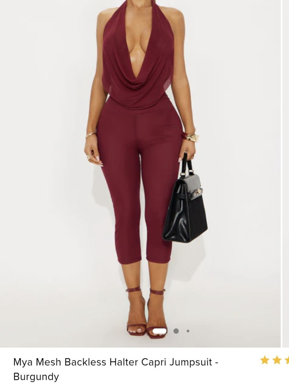 Mesh Backless Halter Capri Jumpsuit - Burgundy